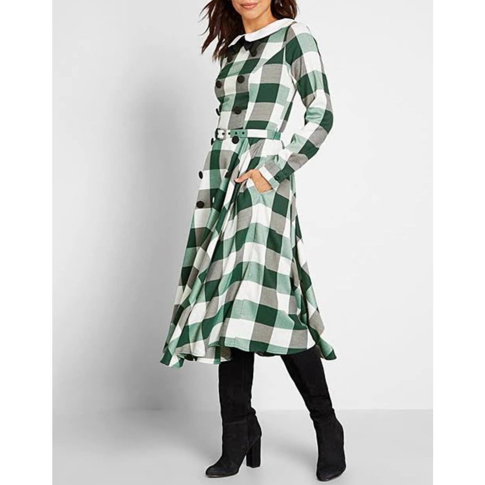 Collective Vintage Green/ White Plaid Clemence Meadows Collard Midi Dress Size L